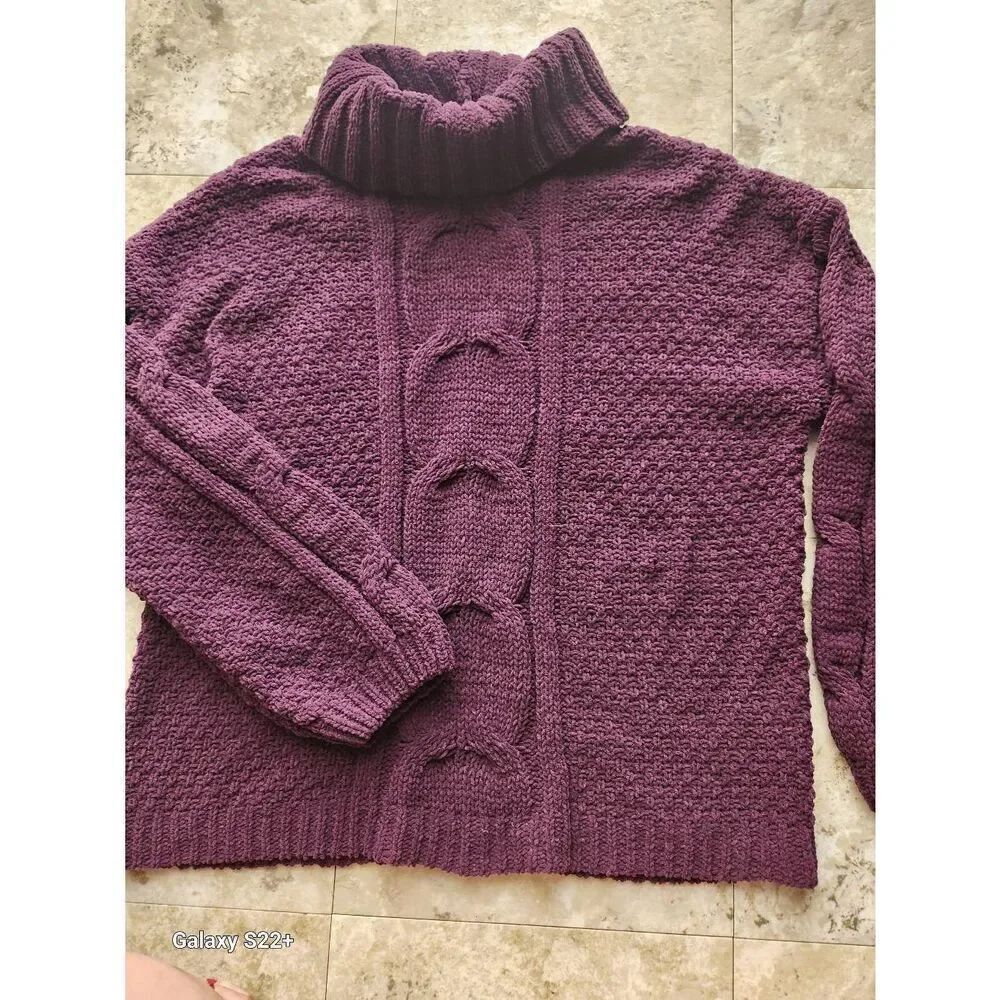 S27 Seven7 purple plum cable knit cowl neck sweater long sleeves NWT Sz Med
